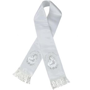 Metallic Embroidered Christening Baptism Stole Scarf Sash Virgin Mary Pope Santa Maria Papa (Medium (2~4 Years), Silver with English)