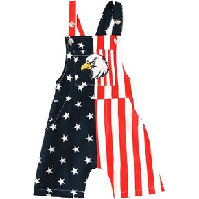 Toddler Baby Girl Boy 4th of July Outfit American Flag Overall Shorts Patriotic Suspender Pants Jumpsuit with Pocket