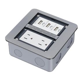 Creemrib Recessed Floor Outlet Kit with Cover Plate, 15A Duplex Receptacle & 3 USB Charging Ports, 2 Gang Floor Electrical Outlet Box for Concrete & Wood Floors (Industrial/Commercial/Home/Office)