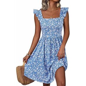 Women Summer Floral Beach Dress Round Collar Sleeveless Casual Dresses Vacation Dress