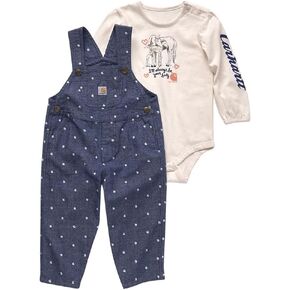 Carhartt 9859 Long Sleeve T-shirt and print chambray overall set Baby Girl, Infant, Newborn, Medium Wash Denim 2 piece set - 6 Month