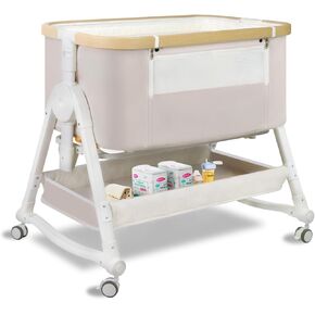 4 in 1 Baby Bassinet, Bassinet Bedside Sleeper with Wheels and Storage Basket, Adjustable 7 Heights Bedside Sleeper with Mosquito Net, Breathable Mesh Rocking Bassinet for Baby/Newborn