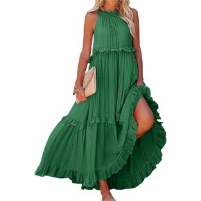 Spring Dresses for Women 2025 Swing Maxi Dress Boho Smocked Ruffle Sleeveless Sundresses Halter Tiered Beach Dress