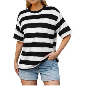 Women Striped Shirt Round Neck Short Sleeve T Shirts 2025 Summer Trendy Leisure Casual Colorblock Blouses