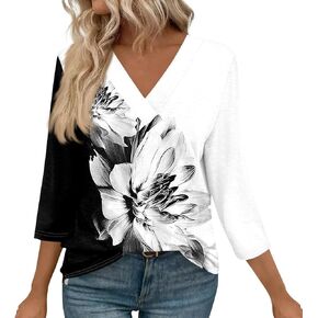 3/4 Length Sleeve Womens Tops Printed Summer Blouses V Neck Tunics Plus Size Tees Dressy Going Out Pullover