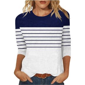 3/4 Length Sleeve Womens Tops Summer Three Quarter Striped Shirts Plus Size Trendy Casual Loose Fit Soft Blouse Tees