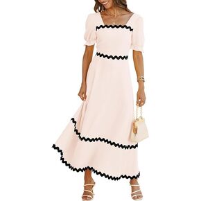 Women's Square Neck Short Puff Sleeve Dress Casual Lace Back Pleated Dress Smocked A Line Flowy Maxi Dresses