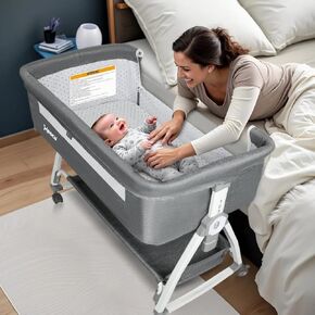 Baby Bassinet Bedside Bassinet Sleeper for Baby, 3 in 1 Bassinet Bedside Sleeper with 6 Height Adjustable, Breathable Mesh Sides, Mosquito Net, Storage Basket Portable Crib for Infant Newborn