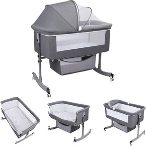 Bedside Bassinet Baby Crib, Baby Bassinets Bedside Sleeper with Large Curvature Cradle, Height Adjustable, Movable Bedside Crib with Mosquito Net and Wheels, Load-Bearing 16.5 Pounds 1 Set