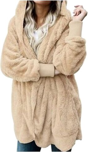 Womens Oversized Sherpa Jacket Baggy Fluffy Fuzzy Hoodie Jackets Comfy Plush Open Front Cardigan Outwear with Pockets in Saudi Arabia