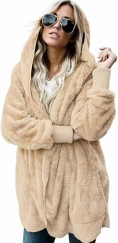 Womens Oversized Sherpa Jacket Baggy Fluffy Fuzzy Hoodie Jackets Comfy Plush Open Front Cardigan Outwear with Pockets in Saudi Arabia