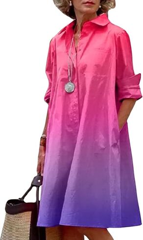 Women's Long Sleeve Shirt Dress Button Down V Neck Casual Midi Dress Printed Loose Fit Summer Dresses with Pocket in Kuwait