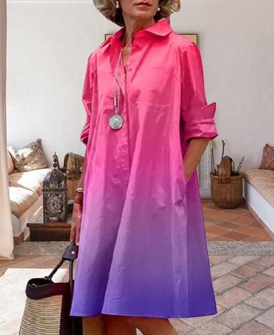 Women's Long Sleeve Shirt Dress Button Down V Neck Casual Midi Dress Printed Loose Fit Summer Dresses with Pocket in Kuwait