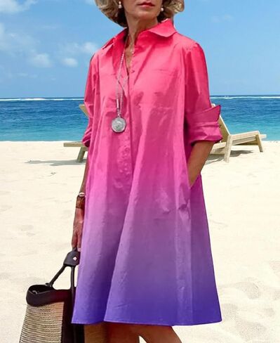 Women's Long Sleeve Shirt Dress Button Down V Neck Casual Midi Dress Printed Loose Fit Summer Dresses with Pocket in Kuwait