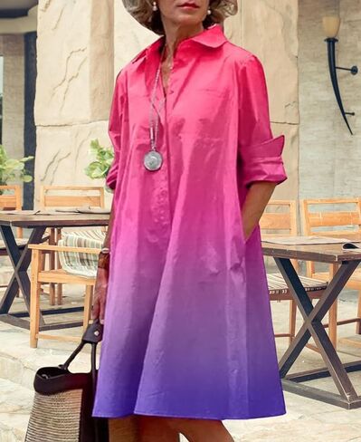 Women's Long Sleeve Shirt Dress Button Down V Neck Casual Midi Dress Printed Loose Fit Summer Dresses with Pocket in Kuwait