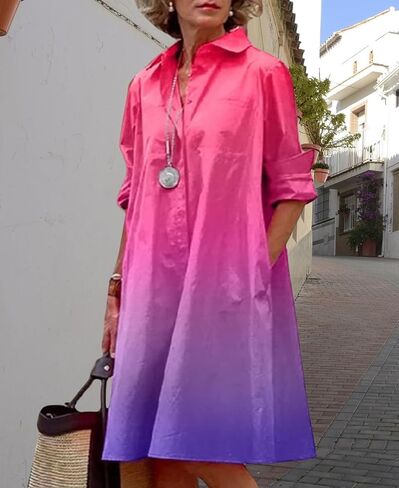 Women's Long Sleeve Shirt Dress Button Down V Neck Casual Midi Dress Printed Loose Fit Summer Dresses with Pocket in Kuwait