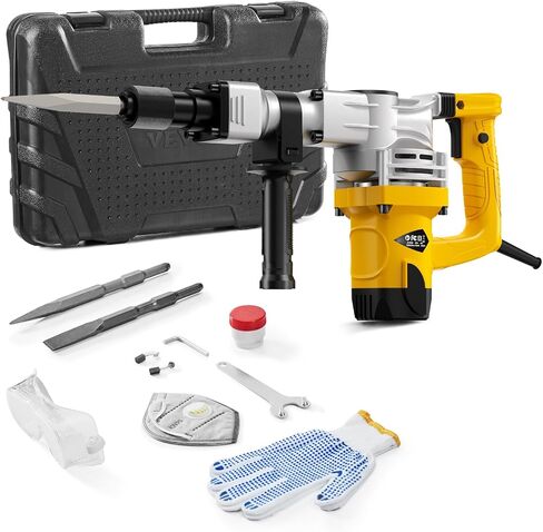 VEVOR Demolition Jack Hammer, 1400W Electric Jackhammer Heavy Duty, 2900 BPM Jack Hammer Concrete Breaker, with 1 Point Chisel, 1 Flat Chisel, Storage Case, Gloves and Goggles, for Demolition in Saudi Arabia