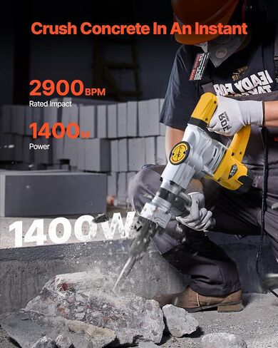 VEVOR Demolition Jack Hammer, 1400W Electric Jackhammer Heavy Duty, 2900 BPM Jack Hammer Concrete Breaker, with 1 Point Chisel, 1 Flat Chisel, Storage Case, Gloves and Goggles, for Demolition in Saudi Arabia