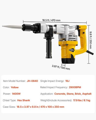 VEVOR Demolition Jack Hammer, 1400W Electric Jackhammer Heavy Duty, 2900 BPM Jack Hammer Concrete Breaker, with 1 Point Chisel, 1 Flat Chisel, Storage Case, Gloves and Goggles, for Demolition in Saudi Arabia