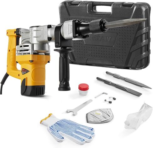 VEVOR Demolition Jack Hammer, 1400W Electric Jackhammer Heavy Duty, 2900 BPM Jack Hammer Concrete Breaker, with 1 Point Chisel, 1 Flat Chisel, Storage Case, Gloves and Goggles, for Demolition in Saudi Arabia