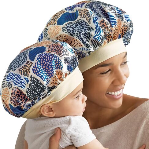 Red by Kiss 2-in-1 Mommy & Me Satin Bonnet Sleep Cap for Adult and Babies, Soft, Stretchy, and Safe, Protects Fragile Hair from Frizz & Breakage, Friction Bald Spots (Animal Prints, 6-18M) in Saudi Arabia