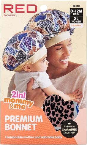 Red by Kiss 2-in-1 Mommy & Me Satin Bonnet Sleep Cap for Adult and Babies, Soft, Stretchy, and Safe, Protects Fragile Hair from Frizz & Breakage, Friction Bald Spots (Animal Prints, 6-18M) in Saudi Arabia