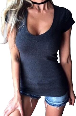 Womens Deep V Neck Simple T-Shirts Short Sleeve Solid Color Basic Cotton Tops Slim Fit Sexy Casual Tee Shirt in Saudi Arabia