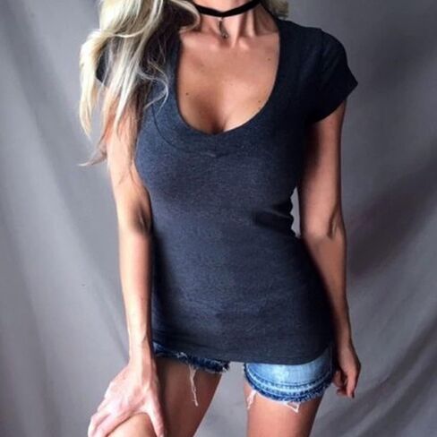 Womens Deep V Neck Simple T-Shirts Short Sleeve Solid Color Basic Cotton Tops Slim Fit Sexy Casual Tee Shirt in Saudi Arabia
