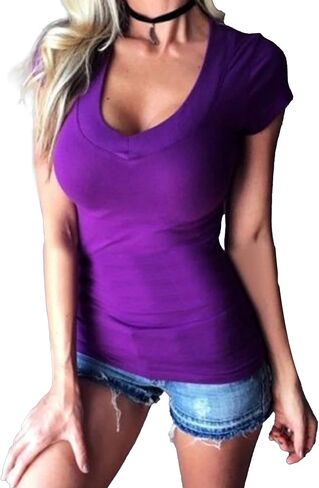 Womens Deep V Neck Simple T-Shirts Short Sleeve Solid Color Basic Cotton Tops Slim Fit Sexy Casual Tee Shirt in Saudi Arabia