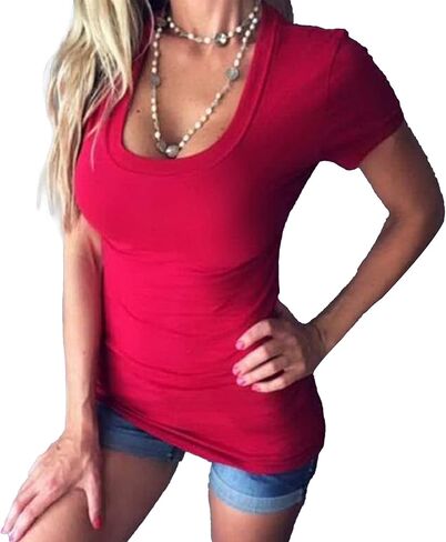 Womens Deep V Neck Simple T-Shirts Short Sleeve Solid Color Basic Cotton Tops Slim Fit Sexy Casual Tee Shirt in Saudi Arabia