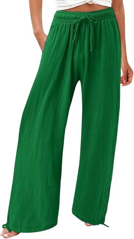 Women's Elastic High Waisted Linen Pants Drawstring Wide Leg Palazzo Pant Comfy Lounge Beach Trousers with Pocket in Saudi Arabia