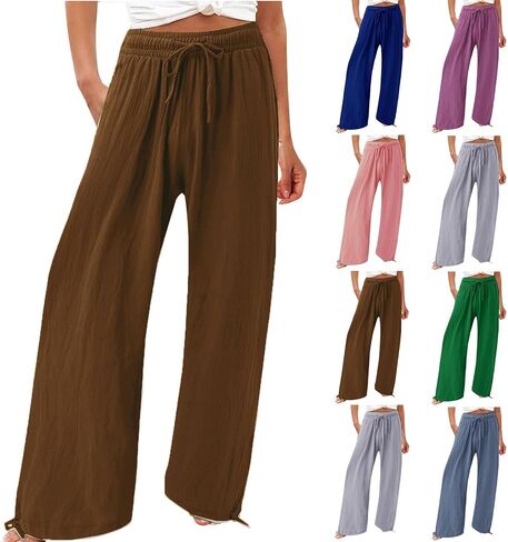 Women's Elastic High Waisted Linen Pants Drawstring Wide Leg Palazzo Pant Comfy Lounge Beach Trousers with Pocket in Saudi Arabia