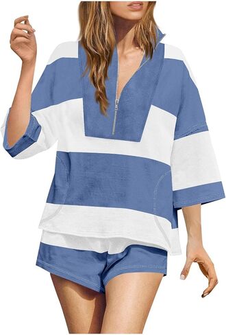 Women Striped Workout Set Oversized Matching Lounge Sets Quarter Zip Shirt and Shorts Going Out Top and Shorts in Saudi Arabia