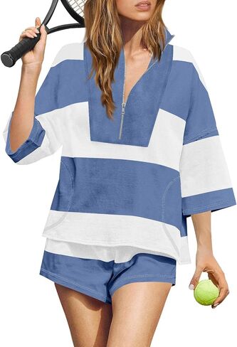 Women Striped Workout Set Oversized Matching Lounge Sets Quarter Zip Shirt and Shorts Going Out Top and Shorts in Saudi Arabia