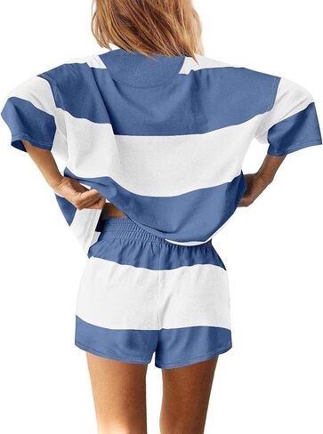 Women Striped Workout Set Oversized Matching Lounge Sets Quarter Zip Shirt and Shorts Going Out Top and Shorts in Saudi Arabia