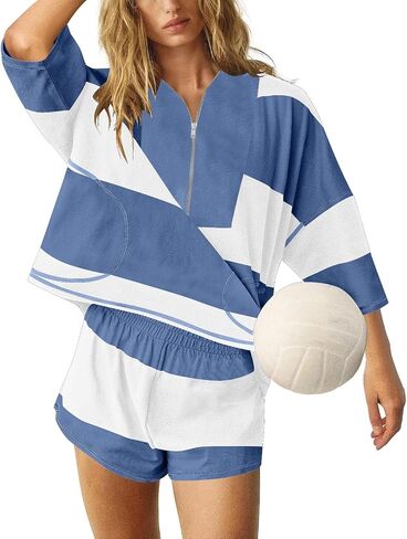 Women Striped Workout Set Oversized Matching Lounge Sets Quarter Zip Shirt and Shorts Going Out Top and Shorts in Saudi Arabia