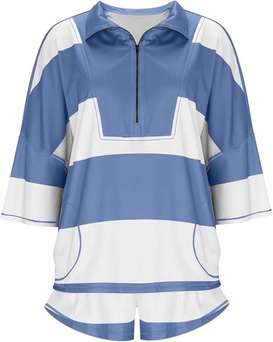 Women Striped Workout Set Oversized Matching Lounge Sets Quarter Zip Shirt and Shorts Going Out Top and Shorts in Saudi Arabia