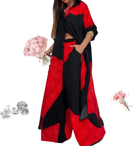 Women's V-Neck Patchwork Printed Top and Pants Commuting Casual Suit Summer Casual Floral Print Top Wide Leg Pant Suit in Saudi Arabia