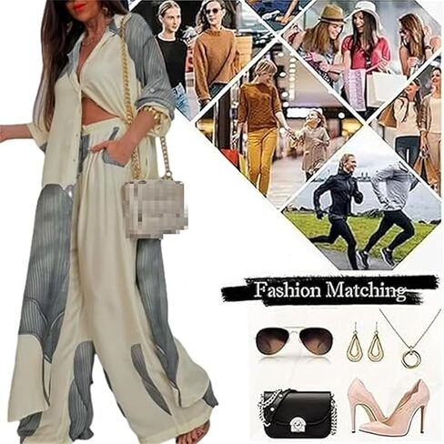 Women's V-Neck Patchwork Printed Top and Pants Commuting Casual Suit Summer Casual Floral Print Top Wide Leg Pant Suit in Saudi Arabia