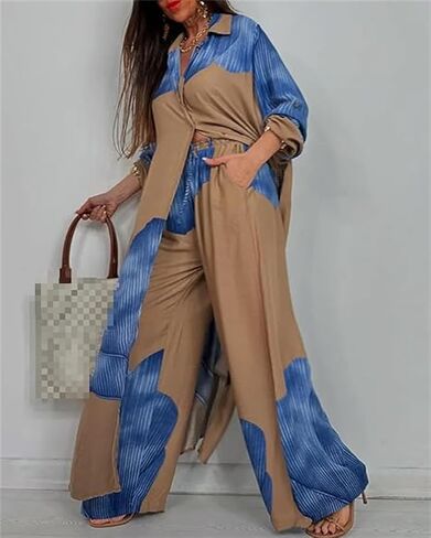 Women's V-Neck Patchwork Printed Top and Pants Commuting Casual Suit Summer Casual Floral Print Top Wide Leg Pant Suit in Saudi Arabia