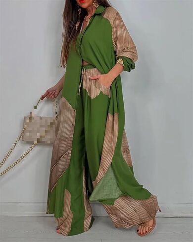 Women's V-Neck Patchwork Printed Top and Pants Commuting Casual Suit Summer Casual Floral Print Top Wide Leg Pant Suit in Saudi Arabia
