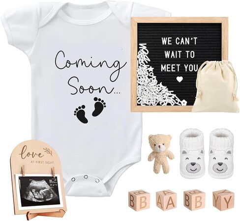 9 PCS Adpressed Agrencerces ، تشمل أحذية Baby Babysuit Board Board Board و Sign Sign Surprise إعلان مفاجئ لـ Grandparents Partner Family Family (White Come-Soon-Grey Shoe) in Kuwait
