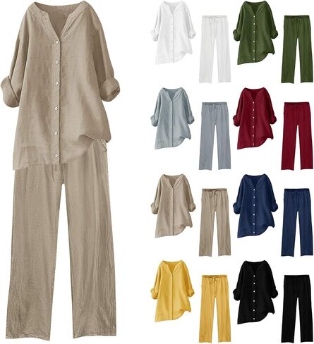Linen Set For Women 2 Piece Summer Outfits Plus Size Short Sleeve Graphic Tees Capri Pants Lounge Matching Sets in Saudi Arabia