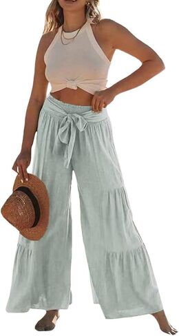 Womens Fashion High Waist Pleated Wide-Leg Pants Casual Loose Flare Palazzo Pant Beach Bell Bottom Lounge Trouser in Saudi Arabia