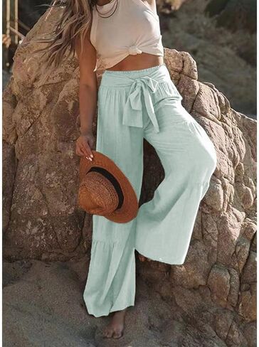 Womens Fashion High Waist Pleated Wide-Leg Pants Casual Loose Flare Palazzo Pant Beach Bell Bottom Lounge Trouser in Saudi Arabia