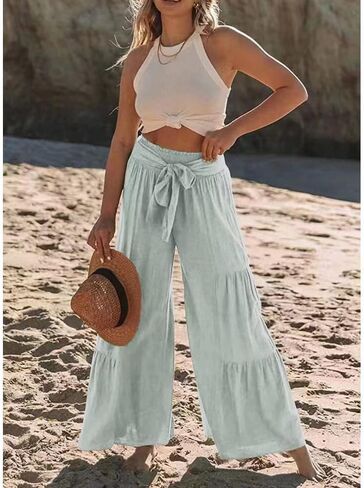 Womens Fashion High Waist Pleated Wide-Leg Pants Casual Loose Flare Palazzo Pant Beach Bell Bottom Lounge Trouser in Saudi Arabia