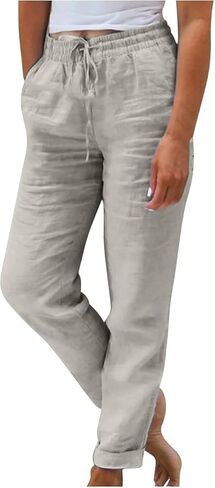 Women's High Waist Elastic Waist Lounge Pant Solid Color Cotton Linen Casual Pant Lightweight Thin Beach Trousers in Saudi Arabia