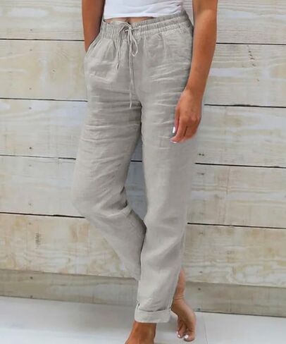 Women's High Waist Elastic Waist Lounge Pant Solid Color Cotton Linen Casual Pant Lightweight Thin Beach Trousers in Saudi Arabia