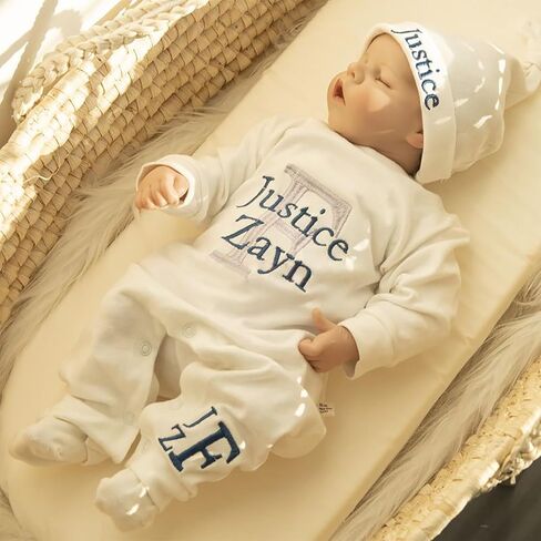 Personalized Baby Romper Hospital Gown Newborn Baby Coming Home Outfit with Custom Embroidery Name and Initial Infant Baby Sleeper Set Sleepwear Gift for Baby Shower (Style A) in Saudi Arabia
