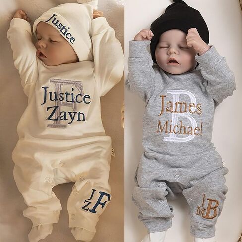 Personalized Baby Romper Hospital Gown Newborn Baby Coming Home Outfit with Custom Embroidery Name and Initial Infant Baby Sleeper Set Sleepwear Gift for Baby Shower (Style A) in Saudi Arabia
